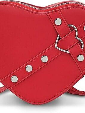 Red Heart Shaped Bag PU Leather Small Crossbody Purse w Silver Stylish Fashion